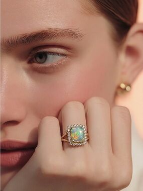 Lightning Ridge Black Opal and 14k Gold Opal Halo Ring - Iridescent